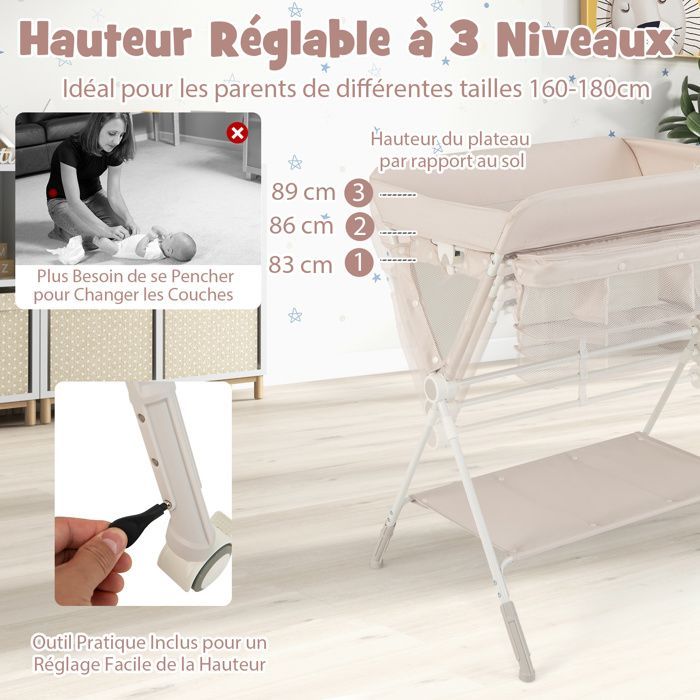 Cambiador para bebés COSTWAY - Plegable - 3 niveles de altura ajustables - Papelera - Cesta de almacenamiento - Estante - Ruedas con freno - Beige