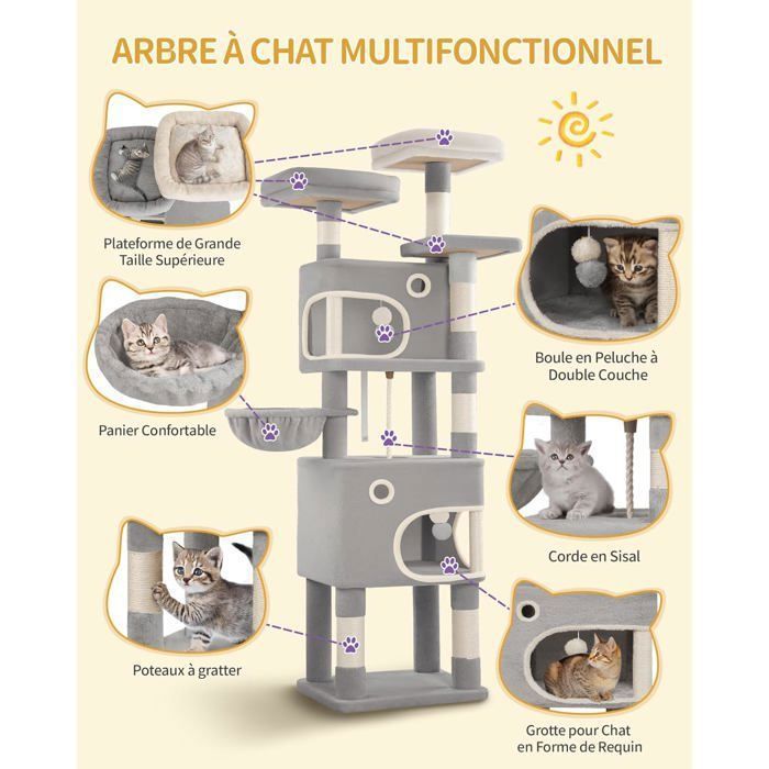 Tiragraffi per gatti, alto 180 cm, torre gioco con 8 pali per graffiare, 3 piattaforme, 2 grotte, cestino, pon-pon, grigio chiaro.