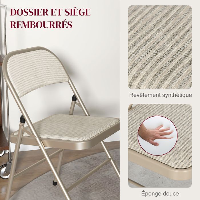 Lot de 4 chaises pliantes HOMCOM chaises de salle à manger portables avec coussin en lin et cadre en acier beige