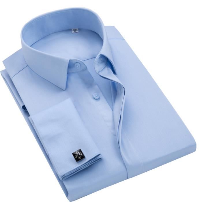 Camicia da uomo slim fit elegante con polsini alla francese, maniche lunghe, tinta unita - azzurro