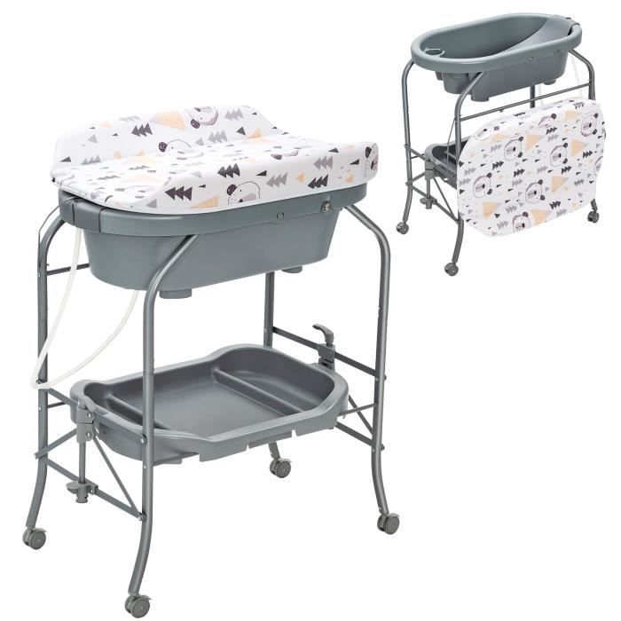 DREAMADE 4 en 1 Table à Langer Bébé avec Baignoire 20L Pliable, 4 Roulettes Verrouillables et Plateau de Rangement, 0-12Mois, Gris