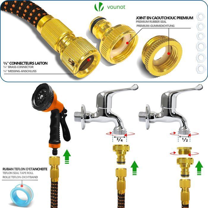 Manguera de jardín extensible reforzada VOUNOT® de 45 m, color naranja - 10 modos - conector y bolsa de almacenamiento incluidos - flexible y a prueba de fugas