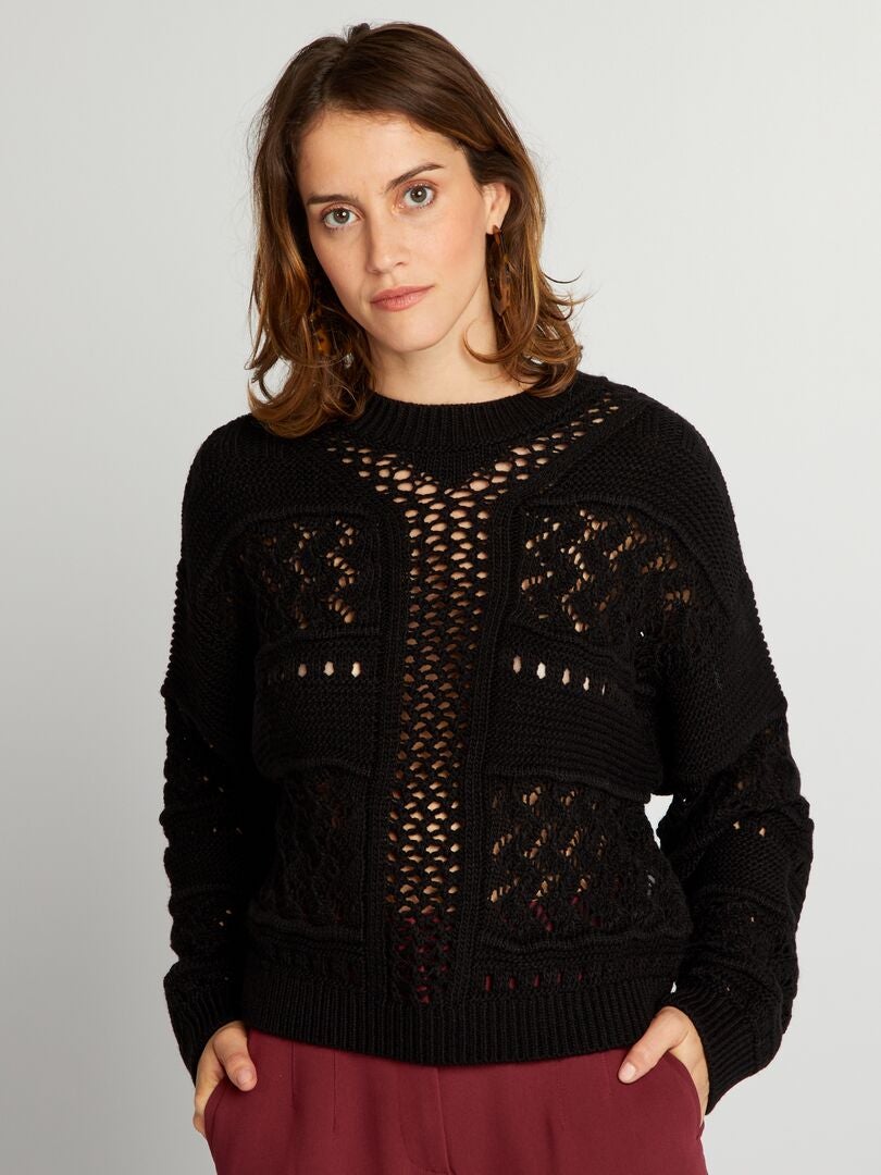 Sweter z ażurową dzianiną - czarny