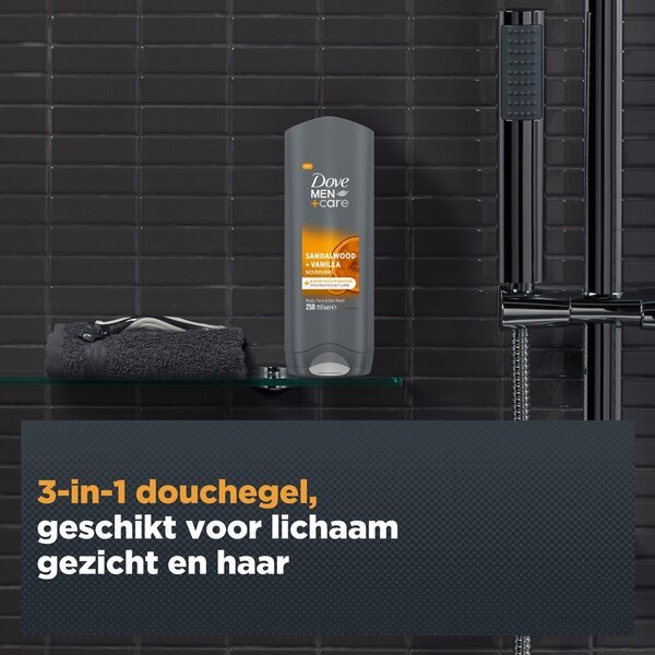 Dove Men+Care gel za prhanje 3 v 1 z vonjem sandalovine in vanilije, 250 ml