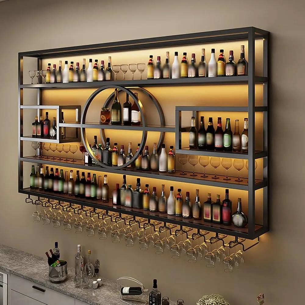 Portabottiglie da parete da 47 pollici, grande capacità, scaffale espositivo per bottiglie di vino sospese con portabicchieri, bar industriale a 4 livelli per liquori