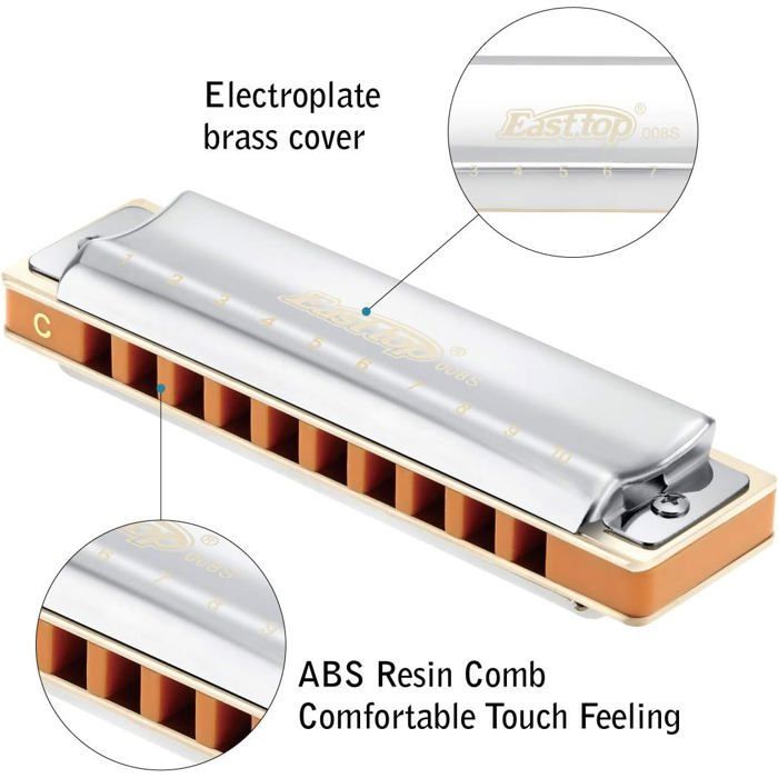 Diatonische mondharmonica in C - GESTEMPELD - 20 tonen - Verzilverd - 10 gaten - Brons en ABS - Blues - 10,2 x 2,6 x 2 cm