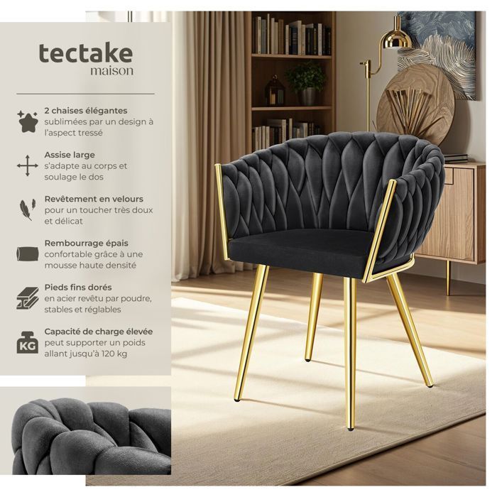 Chaises - TECTAKE - Lot de 2 fauteuils de salle à manger ASTANO en velours design noué avec pieds fin en acier - Noir/Or