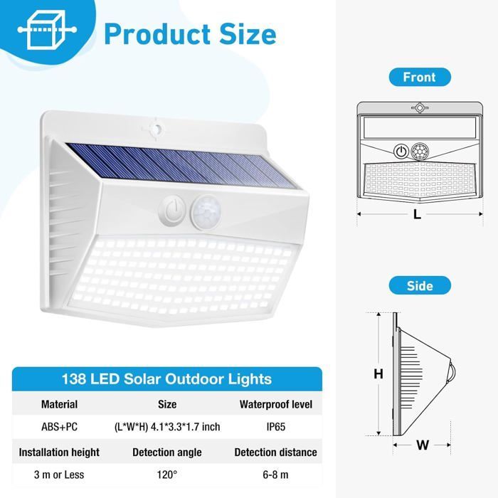 Luminária solar externa com sensor de movimento [3 LEDs de 138 unidades] Luz sem fio à prova d'água com 3 modos de iluminação externa solar