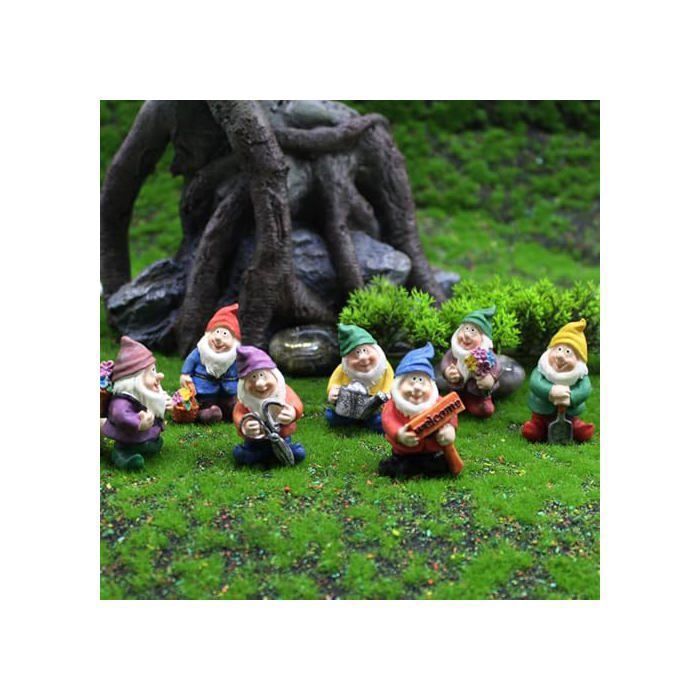 Set di 7 gnomi da giardino, statuette di gnomi fatati in miniatura, simpatici ornamenti a forma di gnomo per la decorazione di tavoli e giardini.