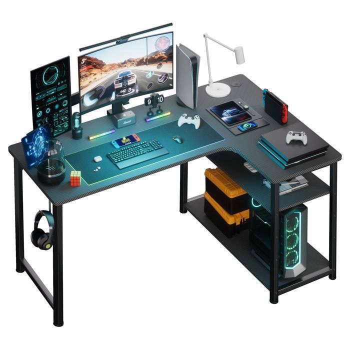 Gaming Desk - Corner Desk - Black - 100x80cm - Storage Shelves