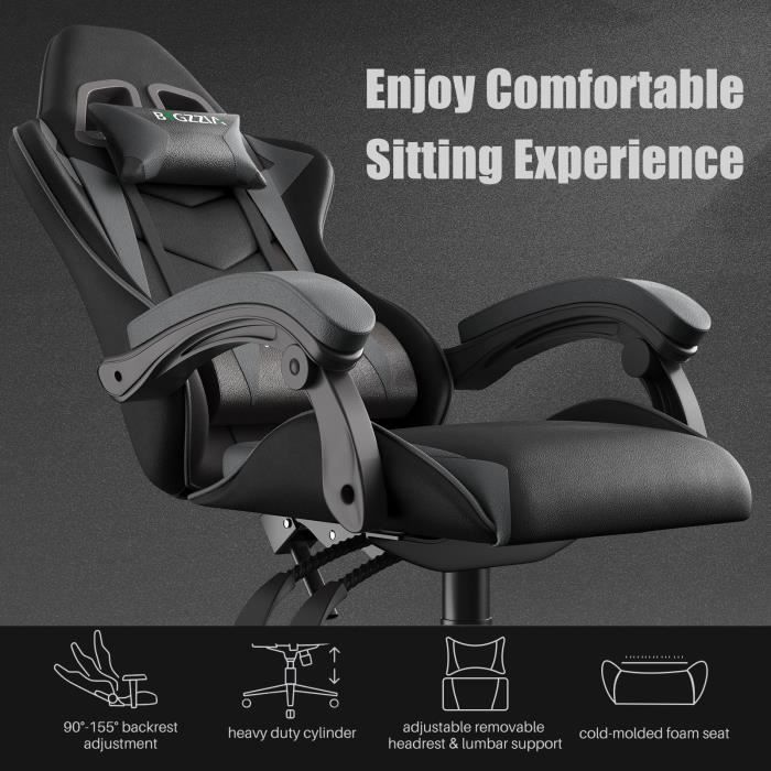 Gamingstoel - Rattantree Ergonomische Gamingstoel - Gamingstoel met hoofdsteun en lendensteun - Kantelbaar van 90° tot 155°