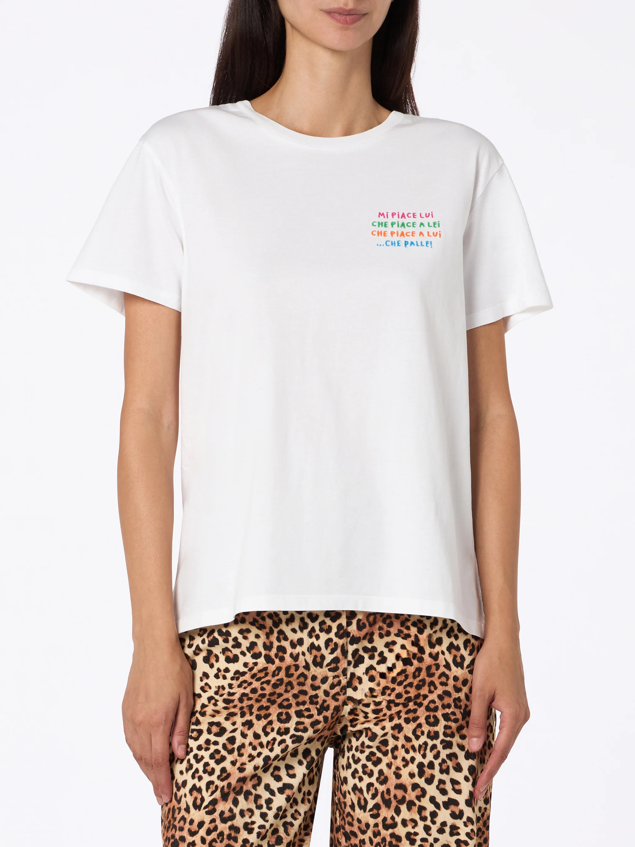 Emilie dames T-shirt met ronde hals, wit, van katoenen jersey, met borduurwerk
