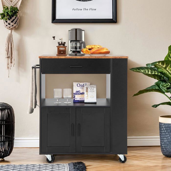 Carrito de cocina COSTWAY con ruedas (2 con cerradura) 82x46x92cm, isla de cocina con 3 especieros, color negro.