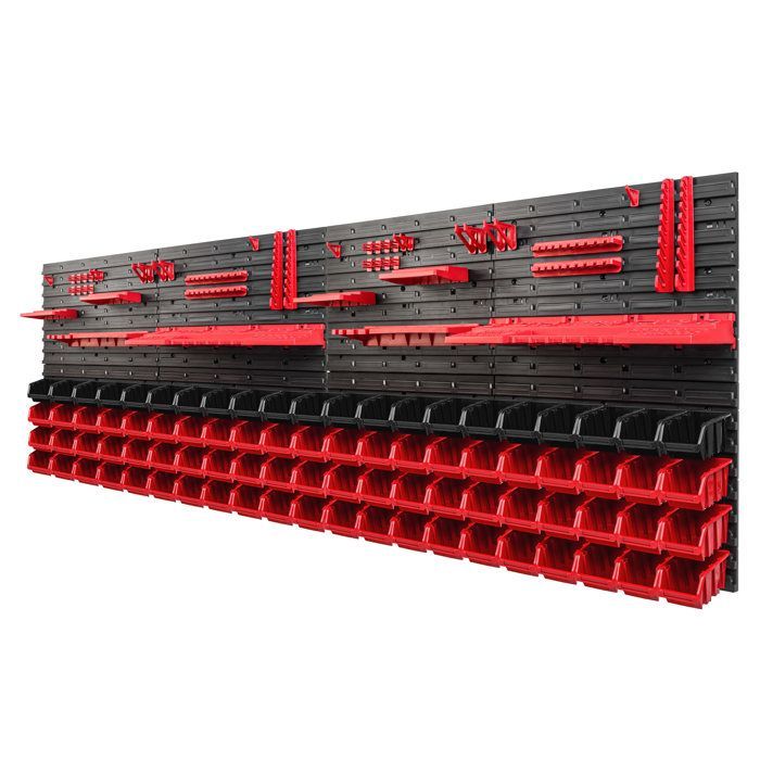 Werkbankwand – FLASCHE – 230 x 78 cm – 84 Behälter – 8 modulare Regalböden – inklusive Halterungen