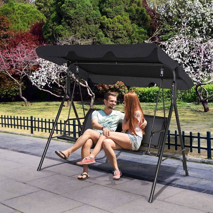 Columpio de jardín GOPLUS de 3 plazas, 170x120x153 cm, con toldo ajustable, tejido Textilene/estructura de acero, negro.