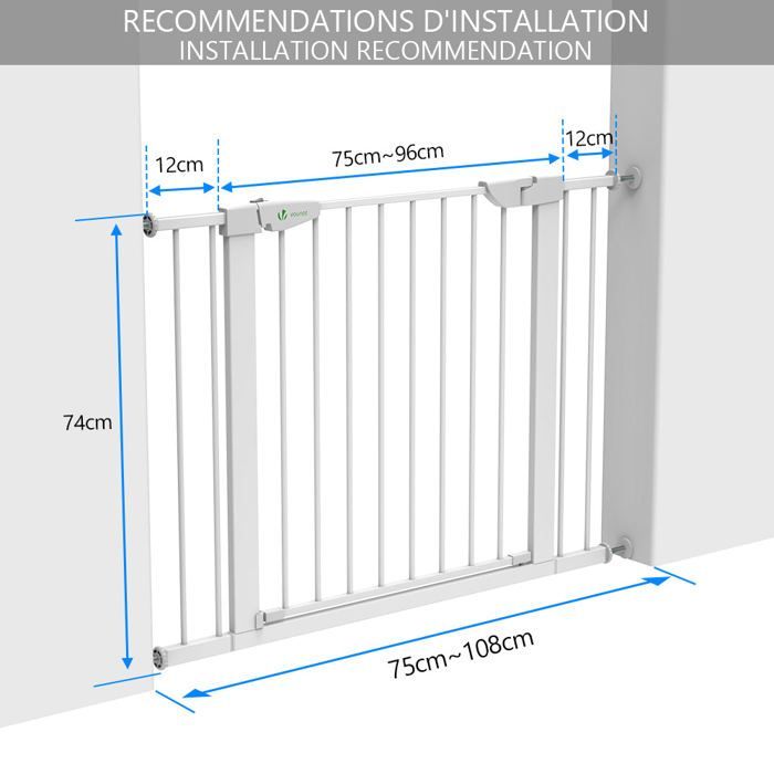 Puerta de seguridad metálica VOUNOT® - 100 a 108 cm - No requiere perforación - Cierre automático y magnético, sistema de doble bloqueo - Blanco