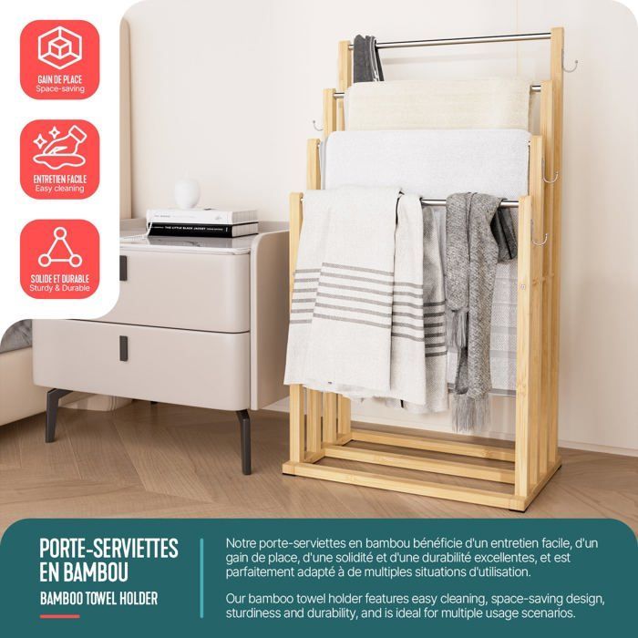 Toallero independiente VOUNOT® - Soporte de 4 niveles con ganchos - Bambú