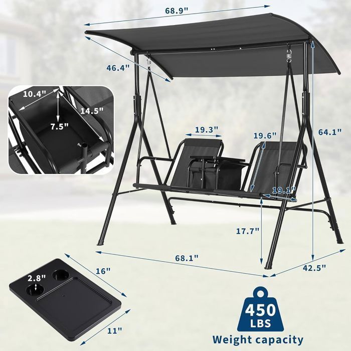 Garden swing, Double garden swing, Two-person swing with adjustable sunshade, Double hanging chair