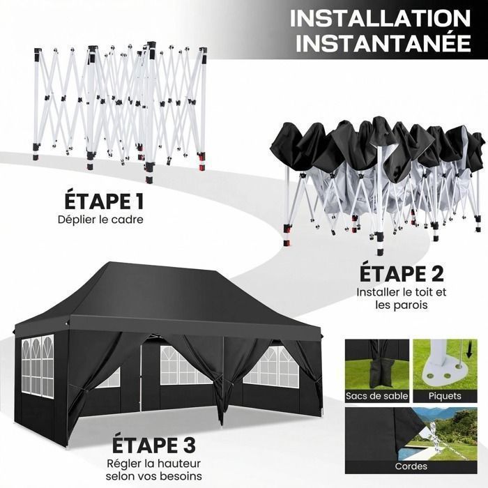 3x6 Folding Gazebo, Outdoor Waterproof Garden Gazebo, Reception Tent with 6 Side Panels, UV 50+ Tent, Black
