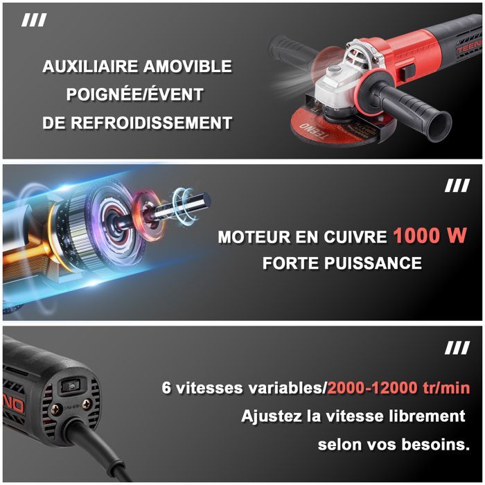 Meuleuse d'angle - TEENO - 1000W - 125 mm - 2000-12000 trs/min - Filaire