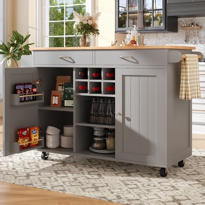 Multi-functional Kitchen Cabinet, Modern Kitchen Island, Kitchen Buffet on Wheels, Serving Cart, 102x45x92cm, Grey