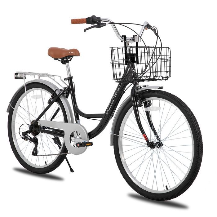 HILAND 26 pouces Vélo de Ville pour Femmes - 7 Vitesses, Freins Double Sécurité, Cadre Bas, Garde-Boue et Porte-Bagages, Noir