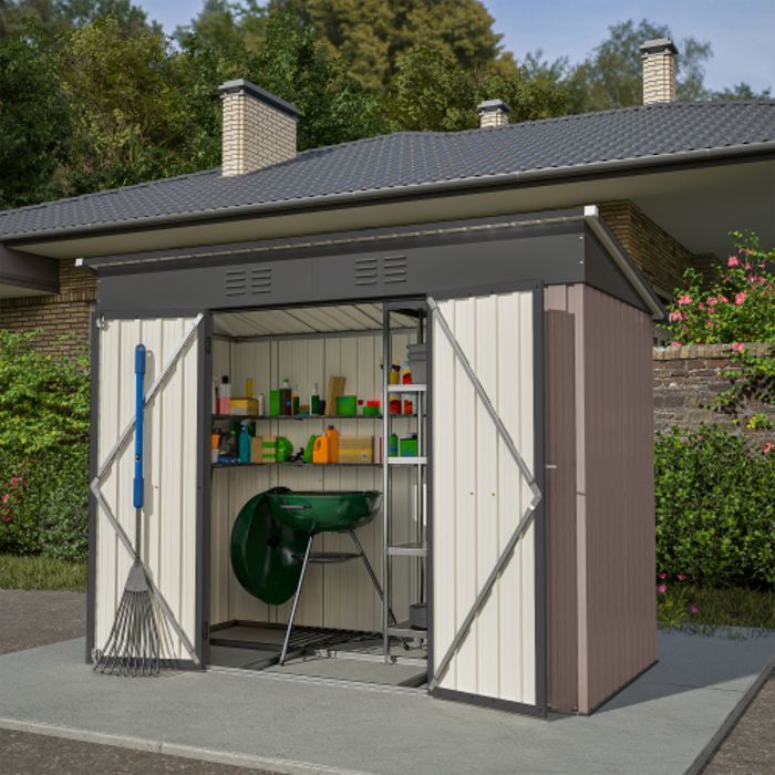 Abri de jardin en métal 2.54m² - 229 x 111 x 182 cm - cabanon de rangement jardin exterieur résistant aux intempéries, Brun
