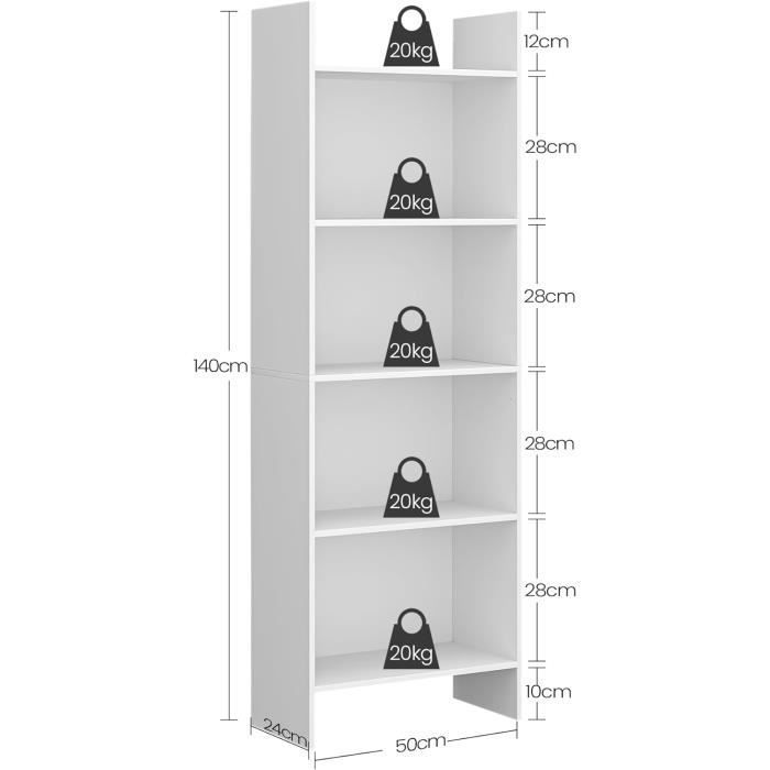 Bibliothèque, Étagère de Rangement 5 Niveaux, Meuble, Cube, pour Salon, Bureau, Chambre, Style Scandinave, 50 x 24 x 140 cm, Blanc