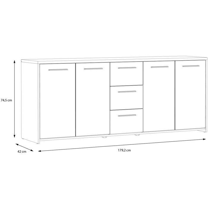 Buffet PILVI - Style contemporain - Particules mélaminé -Décor Chêne artisan et Noir- 4 portes + 3 tiroirs - L179,2 x P42 x H74,5