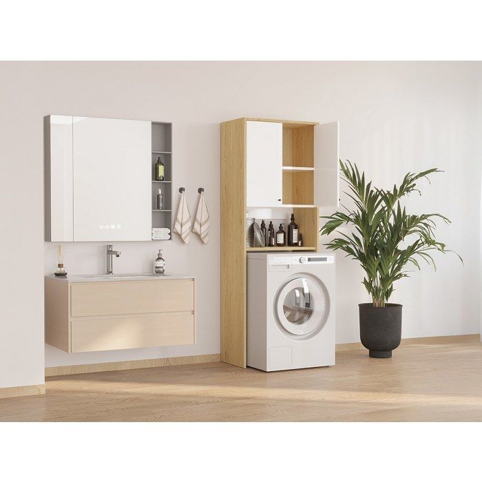 Wasmachinekast met dubbele deuren - B65 x H180 cm - Wit en licht naturel - WORIKA