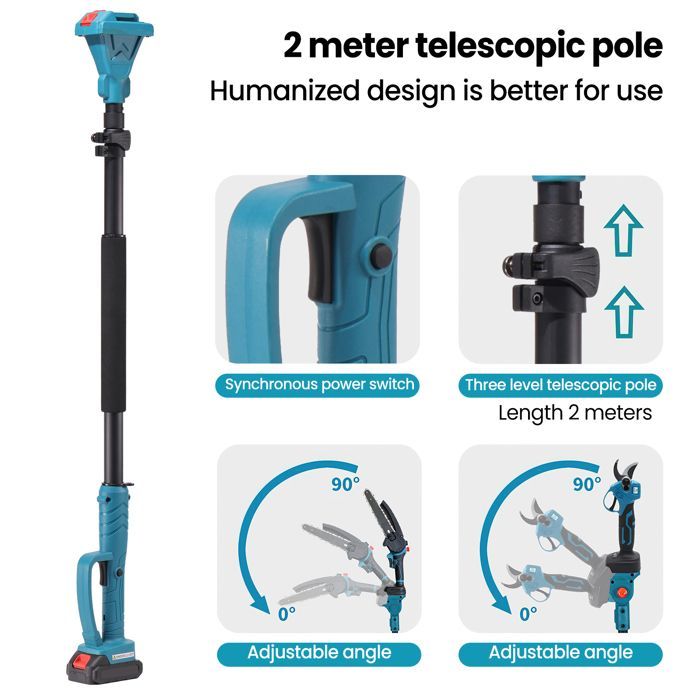 8-Zoll-Mini-Kettensäge mit 2-m-Stange und 30-mm-Elektro-Astschere, 3-in-1-Gartengeräte-Set mit 2 Akkus