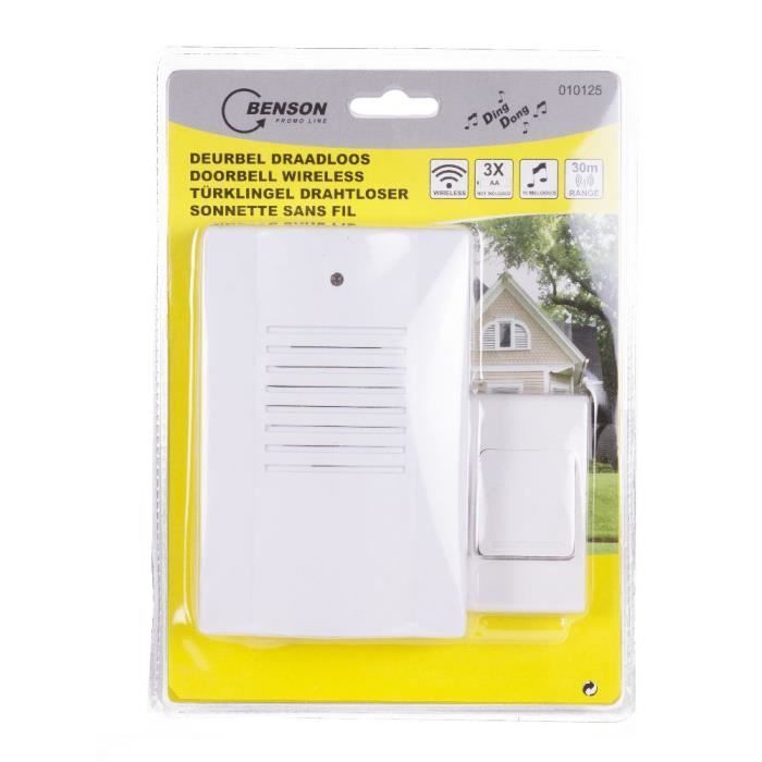 Sonnette Sans Fil - 30 Mètres - 16 Mélodies - Alimentation Piles - Couleur Blanc