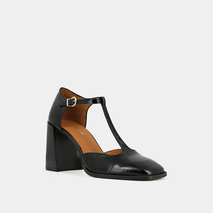 Salomés à talons hauts et bouts carrés a...  en cuir brillant noir