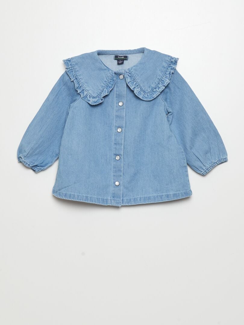Camisa jeans com gola franzida - AZUL