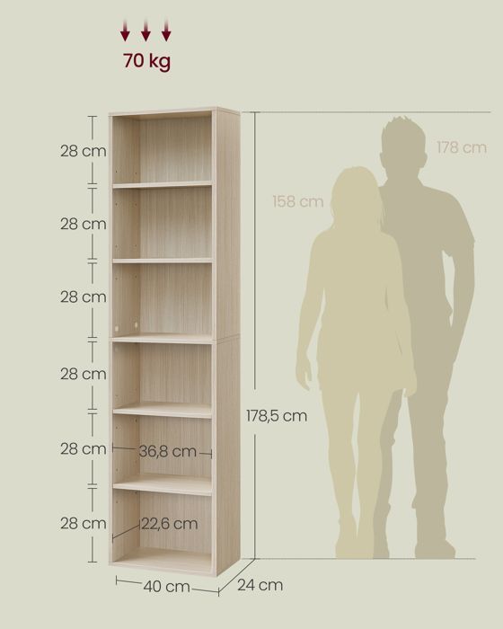VASAGLE Boekenkast, Open 6-laags schapunit, 24 x 40 x 178,5 cm, Natuurlijk beige