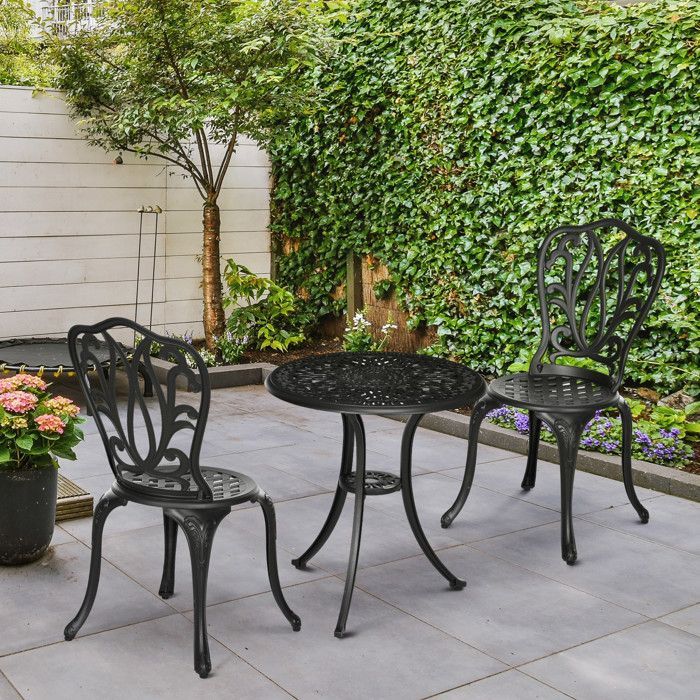 Conjunto de muebles de jardín para exteriores: mesa redonda y sillas - Outsunny - estructura de aluminio con orificio para sombrilla - muebles de aluminio - negro