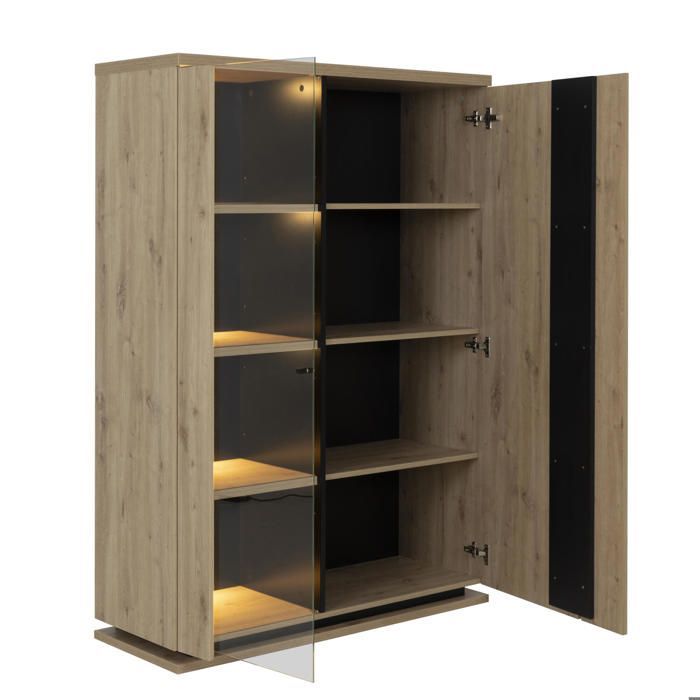 La collezione Split comprende mobili moderni per il soggiorno con una calda finitura in rovere artigianale. Le crepe visibili nel