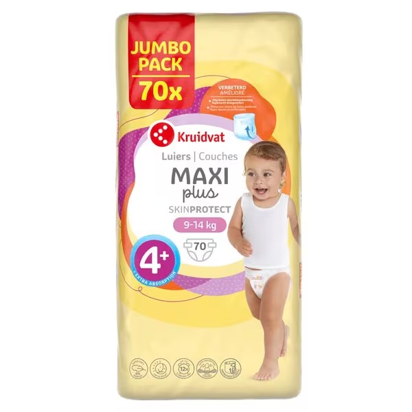 Kruidvat 4+ Maxi Plus plienky Jumbo balenie<br>veľkosť 4+ (9-15 kg), 70 kusov