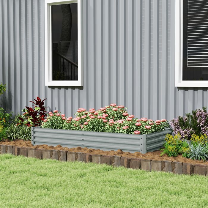 Huerto elevado Outsunny - fondo abierto - con borde anticorte, barras de soporte - acero galvanizado 180 x 90 x 30 cm - gris plata
