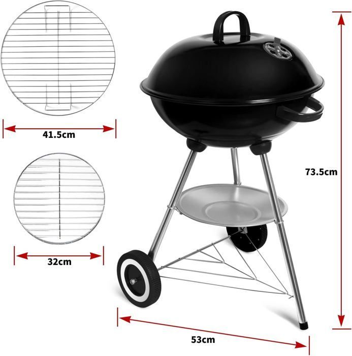 SunJas ronde houtskoolbarbecue, mobiele barbecue, draagbare tuingrill, met deksel en 2 wielen.