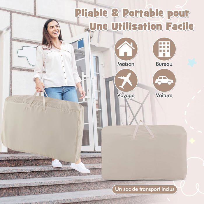 Lit Cododo Bébé avec Matelas 2,5cm COSTWAY-Dès la Naissance-9 kg-6 Hauteurs-4 Roulettes-Portable Pliable-Étagère de Rangement-Beige
