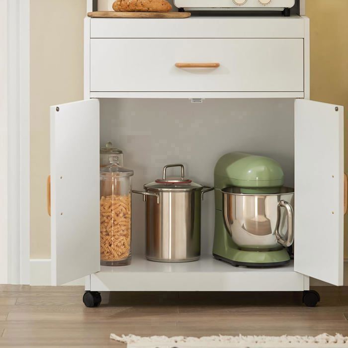 SoBuy Microwave Cart on Wheels – Kitchen Storage Trolley with 1 Drawer & 2 Doors, White 62x40x119 cm