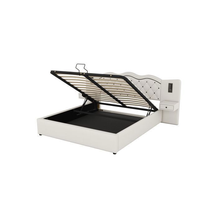 Letto contenitore 180x200 cm, beige - Meccanismo di sollevamento idraulico - Porta USB - 2 lampade da comodino