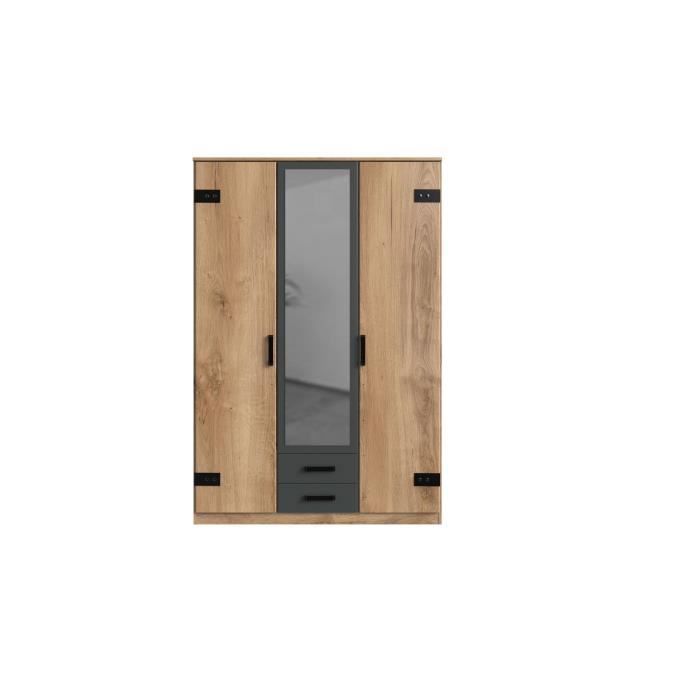 Armoire CORFOU - Décor Chêne et gris anthracite + Miroir - 3 portes battantes - 2 tiroirs - L135 x P58 x H199 cm