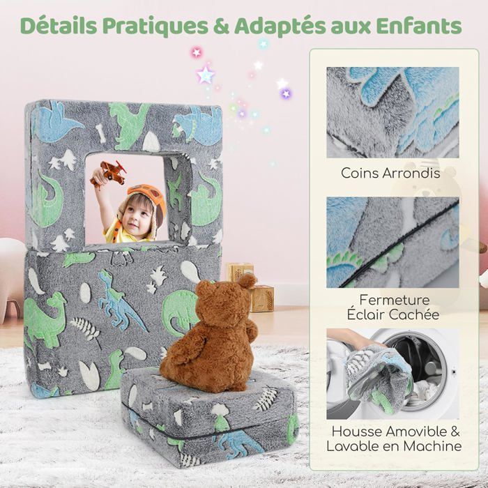 COSTWAY Canapé Enfants Modulaire Phosphorescent avec Coussin, Housse Lavable en Machine, Rembourrage en Mousse Haute Densité