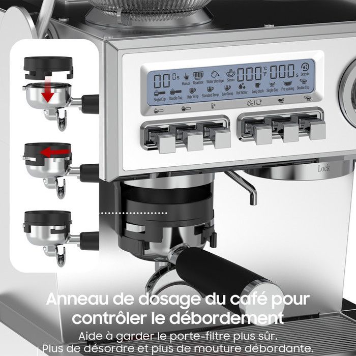 Iceagle-espressokone - italialaistyylinen - 20 baarin pumppu - 1350 W - 25 asetusta - integroitu jauhin - LCD-näyttö - 3 lämpötila-asetusta - 1,6 l