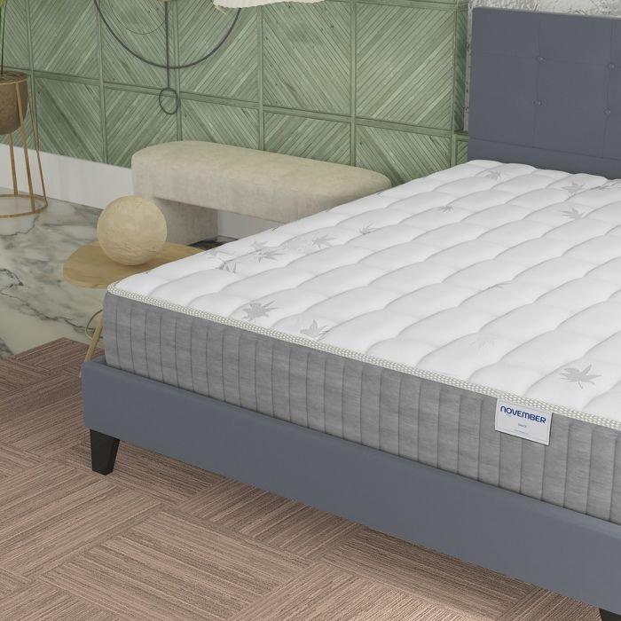 Colchón y cama (140x190cm) - Galice 25cm Muelles ensacados y espuma viscoelástica + Base de láminas y cabecero tapizados en gris