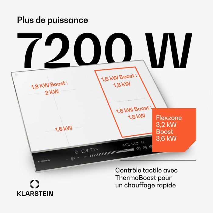 Klarstein DualTone Hybrid inductiekookplaat, Flex Zone inductiekookplaat met schuifregelaar, 7200 W, wit