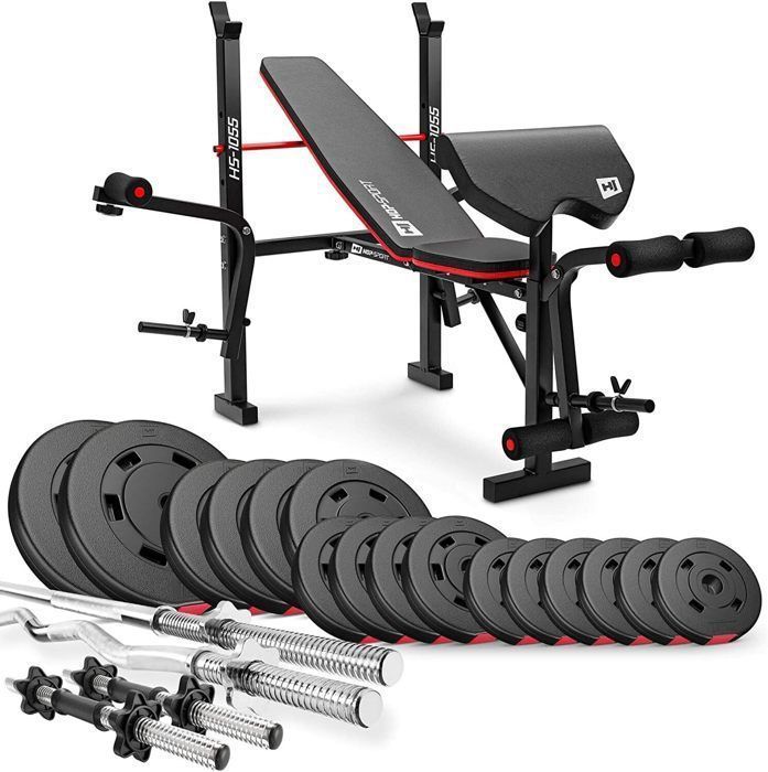 Hop-Sport HS-1055 opklapbare halterbank met 74 kg halterset, curlkussen, butterfly-oefeningen en leg press.