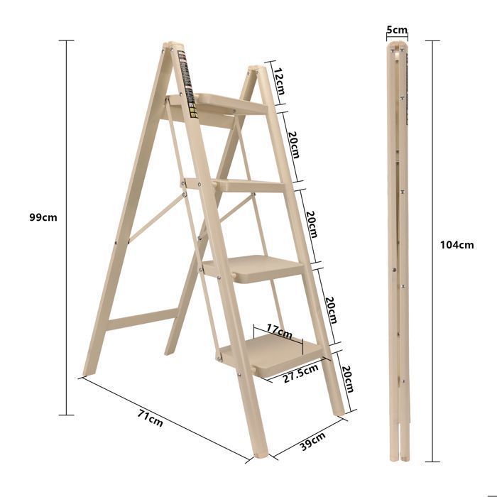 Escalera de 4 peldaños - Escalera plegable TOKIUS con plataforma antideslizante - Escalera de aluminio resistente, ligera y portátil, color beige.